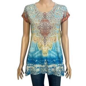 Reba Rhinestone Knit Tunic Top Small Sublimation Print Short Sleeve Colorful